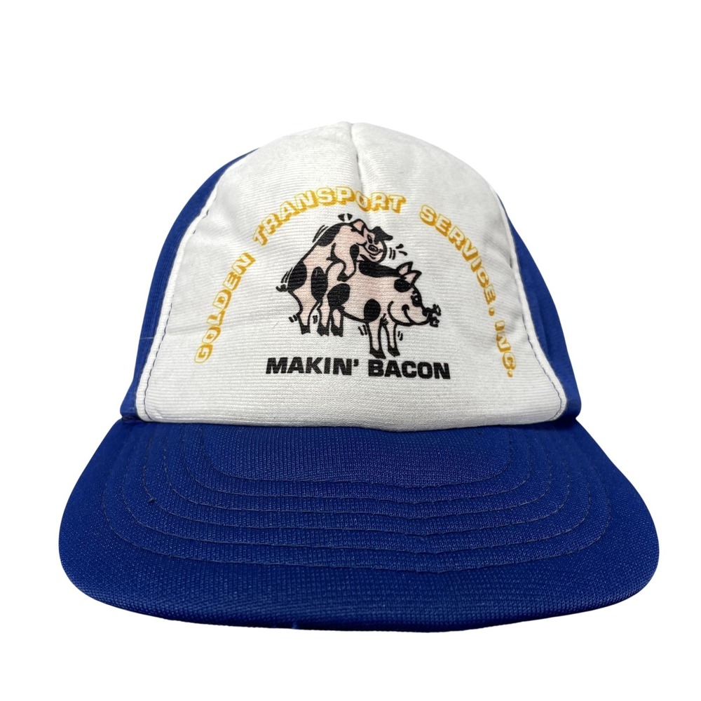 Vintage Young An Makin Bacon Hat Cap Snap Back One Size Mens Blue Funny Pigs 80s